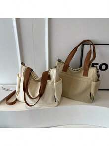 1 Pieza Bolso de lona de gran capacidad con múltiples bolsillos, bolso de hombro reutilizable para compras, fácil de llevar, asa cómoda, adecuado para uso diario y como regalo, bolso portátil para la escuela, el trabajo, los viajes y las compras - Multicolor - Ver 7