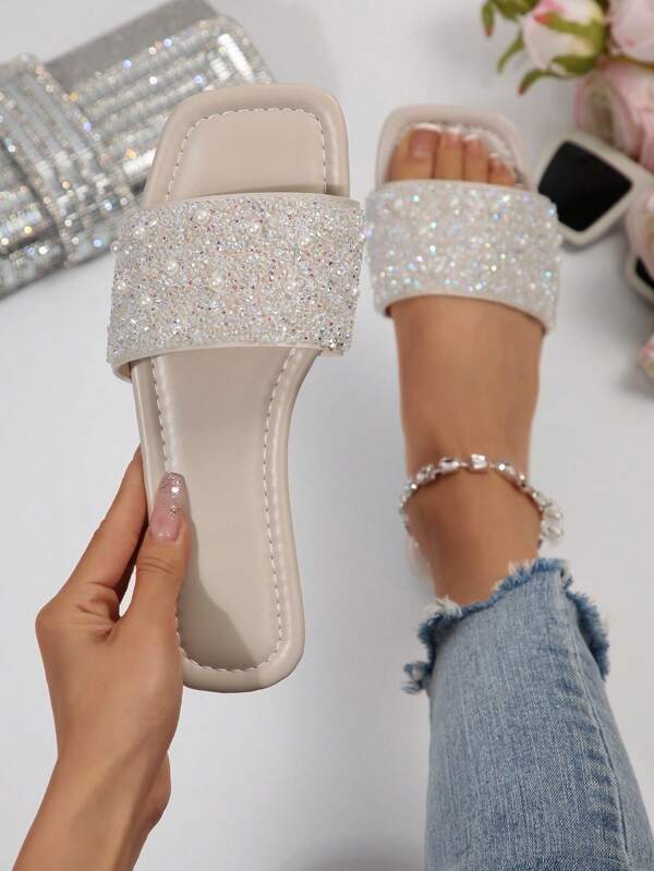 1 paire de sandales plates élégantes pour femmes, style boho sexy et casual en PU perlé, confortables et polyvalentes pour le bureau, l'extérieur, l'école, le mariage, l'été