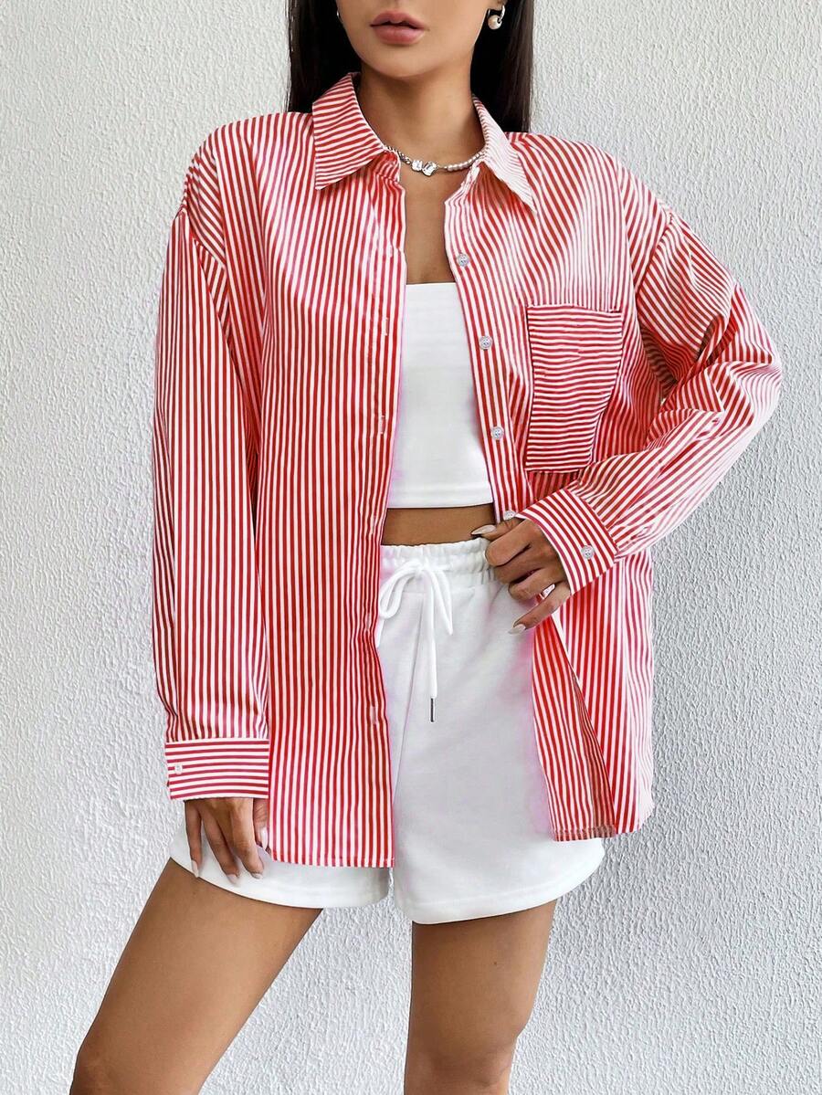 قميص مطبوع بخطوط للمرأة ، للربيع/الصيف/الخريف