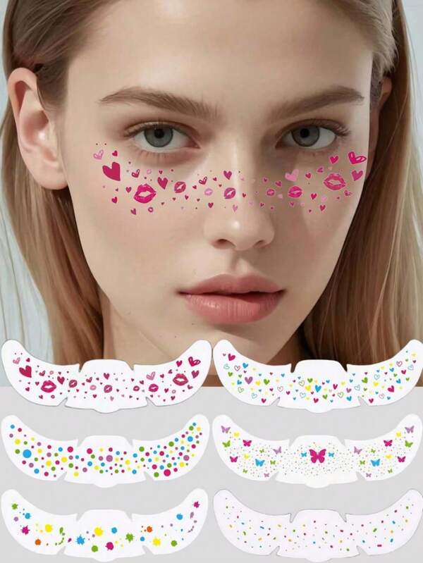 6 Sheets Colorful Freckles Face Tattoos Lip Prints Heart And Butterfly Tattoos Stickers Waterproof Temporary Tattoos For Adults Face Makeup Accessories For Music Festival Party Prom