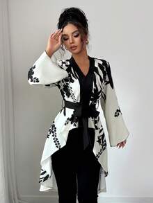 Symmetrical Printed Black And Beige Long Sleeves Waist Cinched Fish Tail Hem Elegant French Shirt - Multicolor - View 5