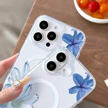 Blue Lilies Elegant Floral Design White Background -Clear Magnetic Phone Case For IPhone [X/11/12/13/14/15/16 Pro Max]-Slim TPU Shockproof Cover,Anti-Slip & Scratch-Resistant,Good Gift For Girls And Boys | Summer Gift Idea - Clear - View 5