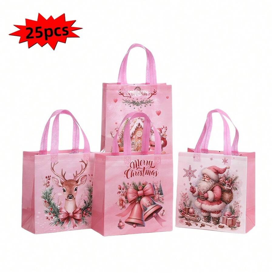 4pcs/25pcs Christmas Party Non-Woven Gift Bags, Santa Claus, Christmas Tree, Reindeer, Bell Print Non-Woven Gift Bags, Storage Bags, Non-Woven Bags, Shopping Bags, Party Favors, Party Bags, Party Gift Bags, Craft Tote Bags, Party Favors, Birthday Decorations, Party Gift Decorations