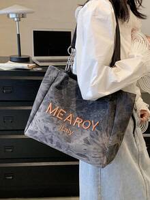 女士时尚字母刺绣大容量托特包，适合日常通勤 - 黑色 - 查看 2