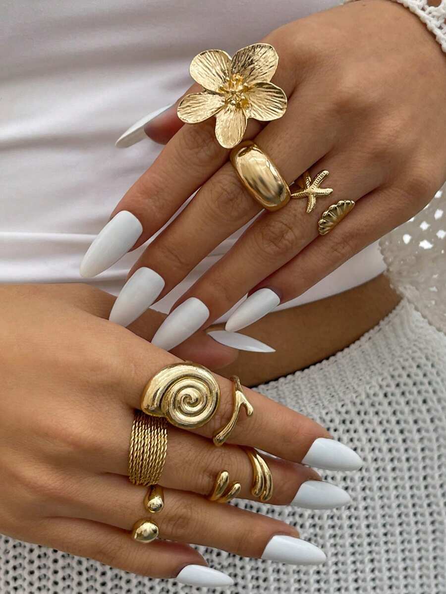 8pcs/Set Vacation Style Starfish & Scallop Open Ring Set, Smooth Metal Flower Rings, Suitable For Party, Gift, Daily Wear - Gold - View 1