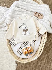 2 件套女婴服装套装：可爱北极熊刺绣白色长袖运动衫 + 打底裤，春秋 - 米色 - 查看 2
