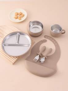 6PCS Print On Demand Silicone Bib Stainless Steel Cup Spoon Fork Sets Self Feeding Training Bowl Plate With Suction Base Tableware Sets, Shower Gift, Led Weaning, Personalized Gift - Multicolor - View 13