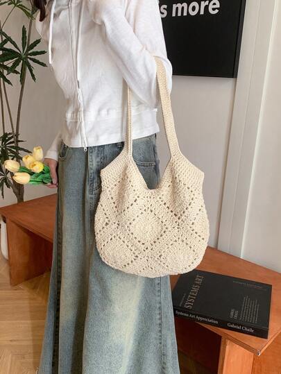 Handmade Crocheting Tote Bag, Large Capacity, Hollow Out Design, Perfect For Beach, Travel, Vacation, Sweet Lady