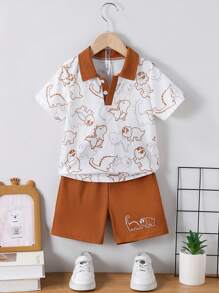 2pcs/Set Young Boy Cartoon Dinosaur All Over Print Short Sleeve Polo Shirt And Shorts Set, Suitable For Summer Outdoor, Casual, Sports, Daily Wear And School