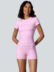 NcmRyu 1 Set Solid Color Women's Casual Sports Fitness Sweet Short Sleeve Top And Booty Shorts Set Comfortable Activewear For Fitness Gym Running And Outdoor Activities Spring Summer - 粉色 - 查看 8