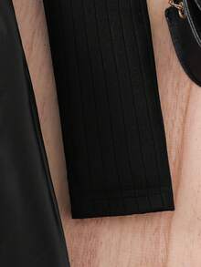 2 件女童春秋套装 - 竖条纹长袖针织上衣 + 松紧腰褶皱仿皮裙，女童日常户外和派对穿着，优雅时尚 - 黑色 - 查看 5