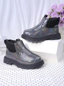 时尚新款婴儿靴，适合幼儿/大童的儿童靴，高帮女童踝靴，带侧拉链，平底休闲亮面皮革短靴 - 黑色 - 查看 8