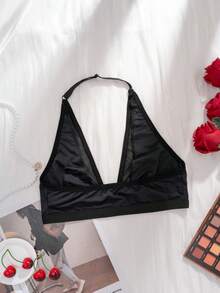 Women's Black Wireless Front Closure Bra With Mesh Panel Splice, Comfortable & Breathable Double Layer, Sexy Racerback - Black - View 7