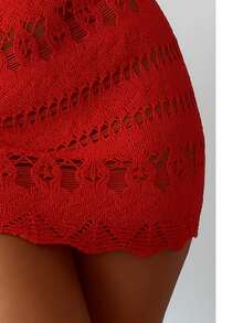 Beach Cover-Up Crochet Knit Lace Skirt With Elastic Waistband And Adjustable Waistband - Đỏ - Xem 5