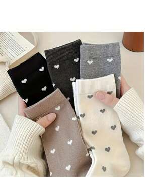 5 Pairs Women's Heart Print Casual Everyday Mid-Calf Socks
