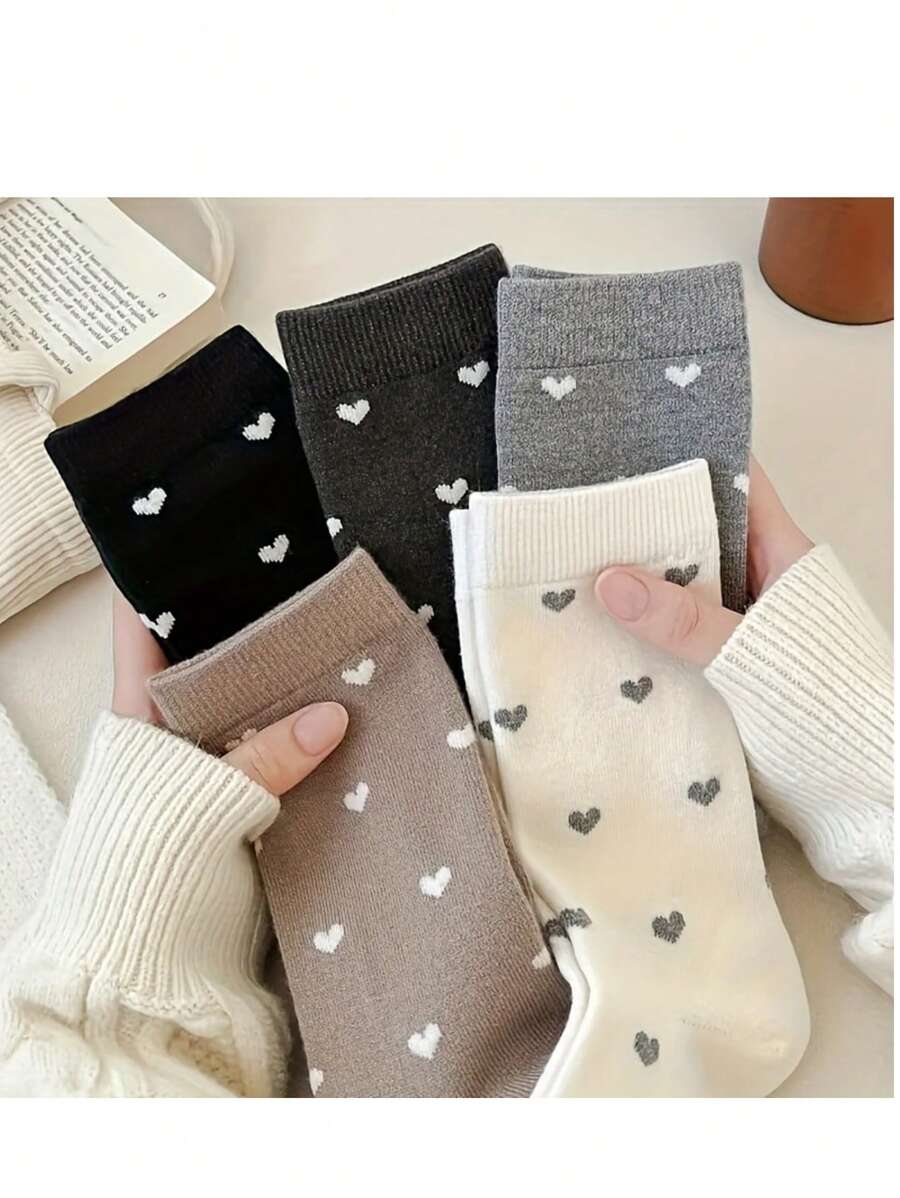 5 Pairs Women's Heart Print Casual Everyday Mid-Calf Socks