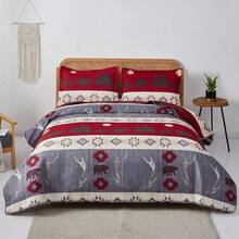 Reversible Lodge Plaid Bedding Moose Bear Quilt Full/Queen Size Rustic Bedspread Cabin Coverlet Wildlife Forest Daybed Cover Summer Lightweight Bed Cover Pillow Shams - 灰色勃根地酒紅 - 查看 1