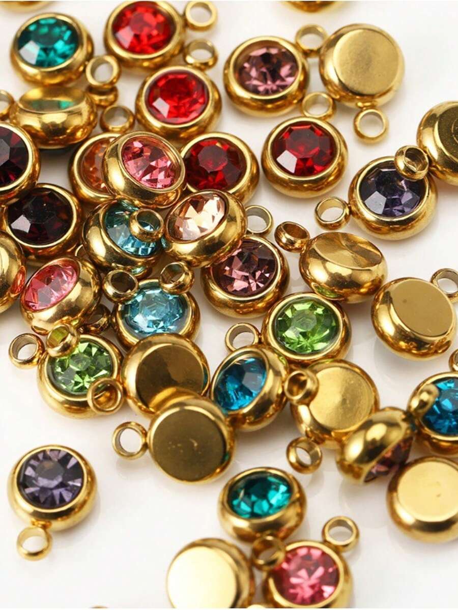 10pcs/20pcs Stainless Steel & Artificial Crystal Beads Pendant Charms, Random Mixed Colors, Birthstone Crystal Amulet For DIY Jewelry Making, Necklaces, Bracelets, Earrings, Suitable For Valentine's Day And Birthday Gifts - Stainless Steel Birthstone Pendant - View 1