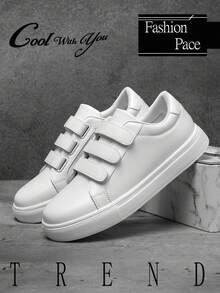 男士时尚简约纯白色低帮魔术贴休闲运动鞋，日常轻便舒适时尚情侣运动平底鞋 - 白色 - 查看 6