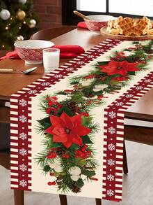 1pc Merry Christmas Table Runner, 180*35cm Polyester Tablecloth With Red Flower Pattern, Christmas Decoration, Home Christmas Decor, Christmas Ornament, Kitchen Decor, Dining Table Decor, Desktop Decor - Multicolor - View 9
