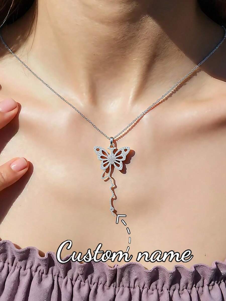 定制可爱蝴蝶名字项链，女士不锈钢蝴蝶吊坠竖草书字母手工珠宝，送给女友、生日、节日的独特礼物