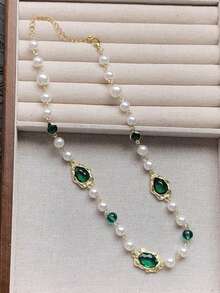1 Piece Beaded Faux Pearls Crystals Emeralds Gorgeous Fashion Metal Multi-Color Women's Necklace For Dating Party Beach Vacation With Daily Clothing Accessories, Jewelry Gift - 長款 - 查看 6