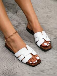 Women's Spring/Summer Fashion Flat Sandals, Cute Beach Slippers, White Minimalist Leather Flat Sandals With Single Strap - White - View 4