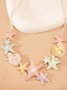 Colar de metal com concha e estrela do mar colorida, colar em camadas, adequado para fotografia de viagem na praia no verão, acessório doce e descolado