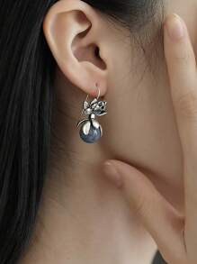 1pc Vintage Plated Oxidized Silver Tone Lotus Flower Bead Dangle Earrings, Suitable For Women's Daily, Party, Festival Gifts (Natural Stone Texture, Shipped Without Box)