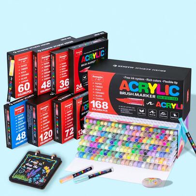 1 Bút dạ Acrylic đầu mềm Direct Liquid, 288/240/200/168/120/100/72/60/48/36/24/12 màu, Dành cho học sinh, Không trong suốt, Có thể xếp chồng, Cọ vẽ màu nước, Dụng cụ vẽ tranh chất lượng cao tự làm