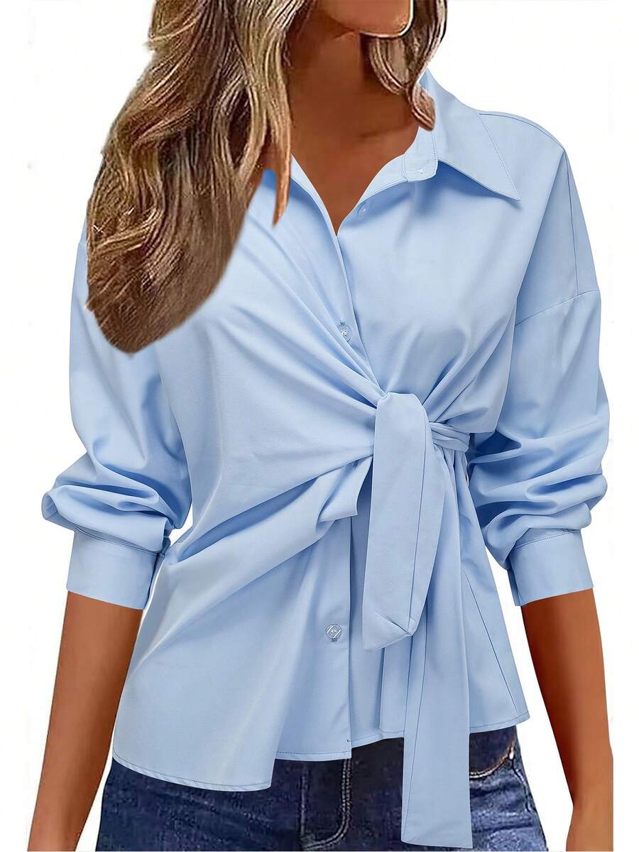 Modische Damen Einfarbige Bluse mit Schleife als Dekoration