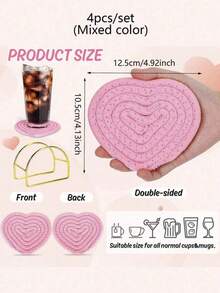 4 miếng lót ly hình trái tim ngày lễ tình nhân, miếng lót ly dệt thủ công hình trái tim, miếng lót ly màu hồng đỏ, chống trượt, thấm hút, thích hợp cho trang trí nhà hàng, quán trà, quán cà phê, quầy bar (không có kệ) - Nhiều màu - Xem 4
