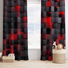 2pcs Semi-Blackout Curtains With Grommet Top - Modern Geometric Red & Black Print, 100% Polyester Peach Light Beige Fabric, Machine Washable For Bedroom, Living Room, Office, Kitchen - All-Season Home Decor, Living Room Curtains, Privacy Window, Contemporary Window Style, Soft Texture Fabric
