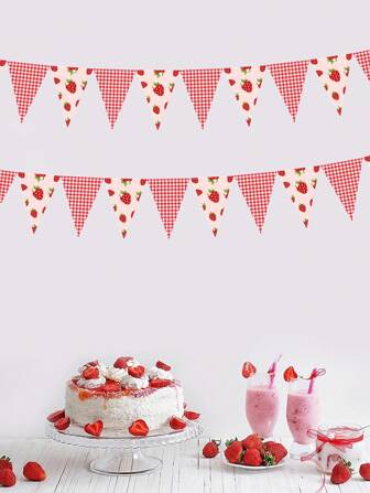 1/2/4/6 Packs(Each Pack Contains 12pcs) Strawberry Pennant Banners - Pre-Strung Strawberry Single Sided Paper Triangle Flag, Sweet Strawberry And Pink Checkered Designs,Strawberry Party Decorations , Berry Themed Birthday Party BabyShower,Wedding And Bride Single Party Supplies