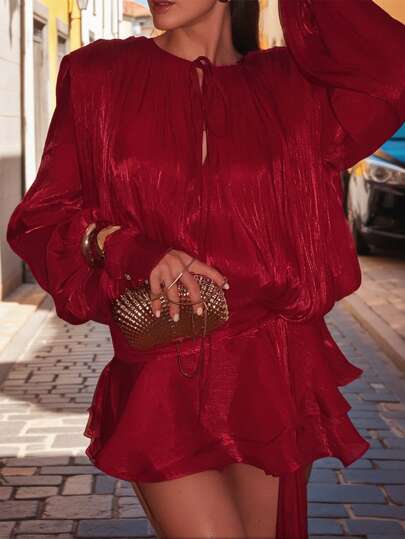 Millennium Style Tie-Up Ruffle Collar Double-Layer Flounce Lantern Sleeve Shirt Dress, Does Not Include Belt, Ladies' Gothic Sexy Halloween Clothing,Christmas Dress,Wedding Dress Guest#GalaNight #AutumnDress #ChicAutumn