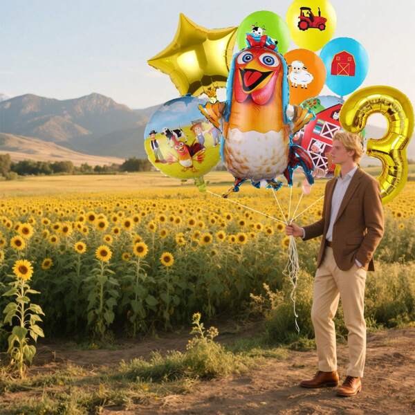 9 pezzi set di palloncini a tema fattoria/animali per feste di compleanno, multicolore, includente grandi palloncini a forma realistica di pulcino, palloncini rotondi a tema fattoria occidentale, palloncini a stella dorati, palloncini a forma di mucca/trattore/fattoria/pecora verde/blu/giallo/arancione, palloncini numeri dorati da 1 a 9, adatti per feste di compleanno, feste a tema, decorazioni domestiche, vacanze, accessori per decorazioni per feste