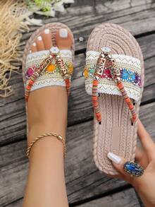 全新轻便软底拖鞋，手工水钻图案平底人字拖，沙滩凉鞋