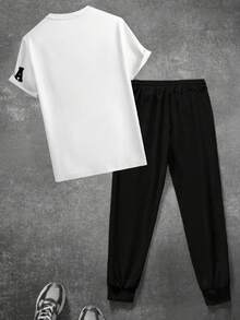 2pcs/Set Men's Fashionable Casual English Text Short Sleeve T-Shirt And Pants Set, Suitable For Street, Outdoor, And Daily Wear - White - View 3