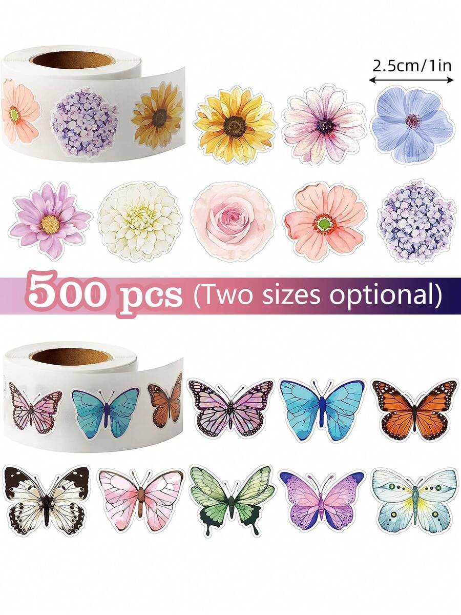 500 miếng/cuộn nhãn dán hình bướm và hoa, 16 hình dạng độc đáo, thẩm mỹ sống động dành cho bé gái, thích hợp làm quà tặng, sổ tay, máy tính xách tay, chai lọ, cắt, hành lý, phong bì trang trí DIY, nhãn dán PVC chống thấm nước, đồ dùng học tập, trở lại trường - Nhiều màu - Xem 1