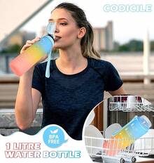 1L Bottle With Straw,Bottle Dishwasher ,Leak-Proof Sports Drinks Bottle With Maker & Bottle Brush,Running,Cycling, Gym, School & Office,Black - 藍色漸變 - 查看 5