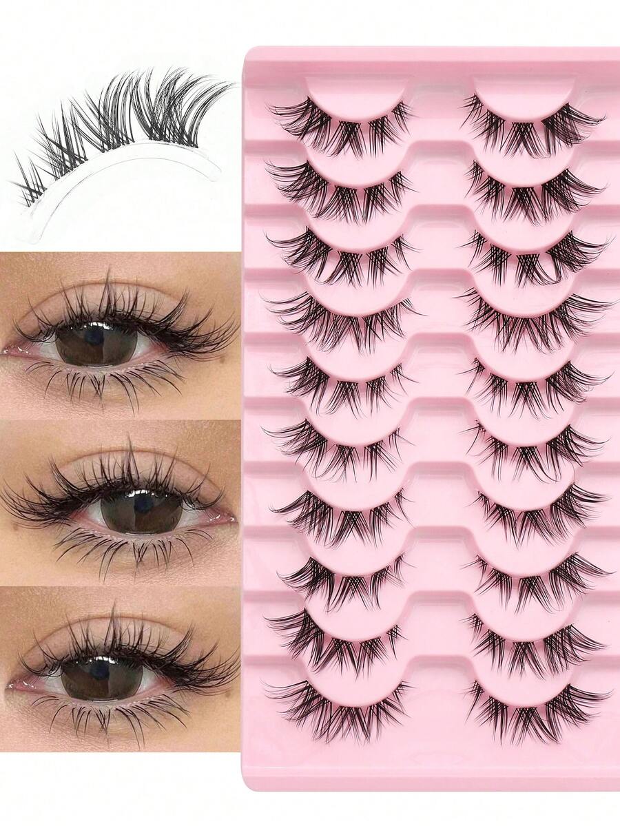 10 Pairs Of Fox Style Natural And Long Flowing False Eyelashes Cat Eye Lashes Natural And Soft Whole Eyelashes End Lengthened False Eyelashes Reusable Suitable For Beginners - 眼尾拉長款 - 查看 1