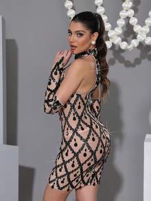 2025春季新款优雅性感女式网眼闪亮钻石露肩迷你连衣裙带手套，复活节晚会舞会亮片生日礼服 - 黑色 - 查看 3