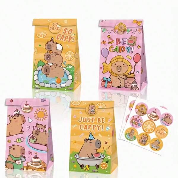 12 pièces Sacs bonbons Capybara, fournitures pour fête d'anniversaire, sacs cadeaux de fête festifs, motifs de dessins animés, boîtes surprise, sacs en papier. Parfait pour la décoration de fête et les sacs cadeaux de fête