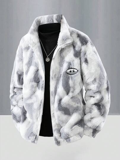 Men's Fashion Tie-Dye Chest Patch Decor Elastic Cuff Outdoor Casual Fleece Lined Warm Stand Collar Faux Fur Coat , Fall Winter