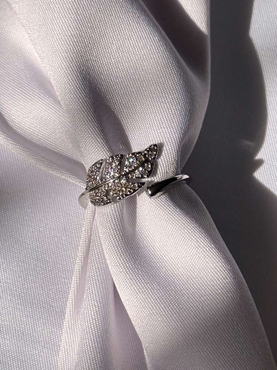 Women's Semi-Jewelry Ring Open Adjustable Adjustable Leaf With Zirconia Shine Rhinestones Nature Shiny Stones Romantic And Elegant - Bạc - Xem 1