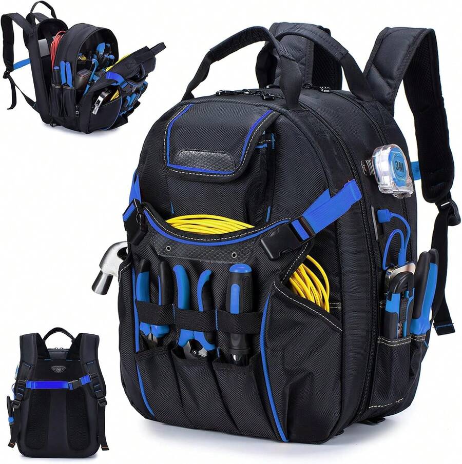 52 Pockets Tool Bag Backpack For Men Storage Organization Tool Bags Heavy Duty With Waterproof Molded Base For Electrician, Repairman Industrial & Construction Work, Blue - Màu xanh lam - Xem 1