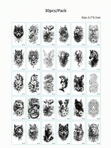 30 片小动物图案纹身贴，防水临时纹身贴，男女适用，手部身体装饰，一次性狼、老虎、猫头鹰、狮子、大象图案假纹身 - 黑色 - 查看 7