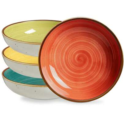 Pasta Bowls Set Of 4, 30 Ounce Porcelain Salad Bowls, Shallow Microwave & Dishwasher Friendly, Assorted Colors