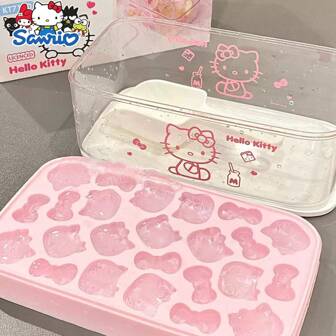 Sanrio Sanrio Hello Kitty siliconen malset (1 stuk) - 4 ijsblokjesvormpjes, koelkastdoos + chocolade-/dessertbakje (met deksel en bewaarbakje) + lepel (eenvoudig los te maken, zelfgemaakte chocolade-/snoepdecoraties, zomerkoelbox, verjaardagscadeau, gebruik van bakgereedschap)