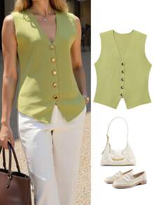 Women's Fashionable Button Knitted Vest Style Casual Short Cardigan, Spring/Autumn - Light Green - View 1